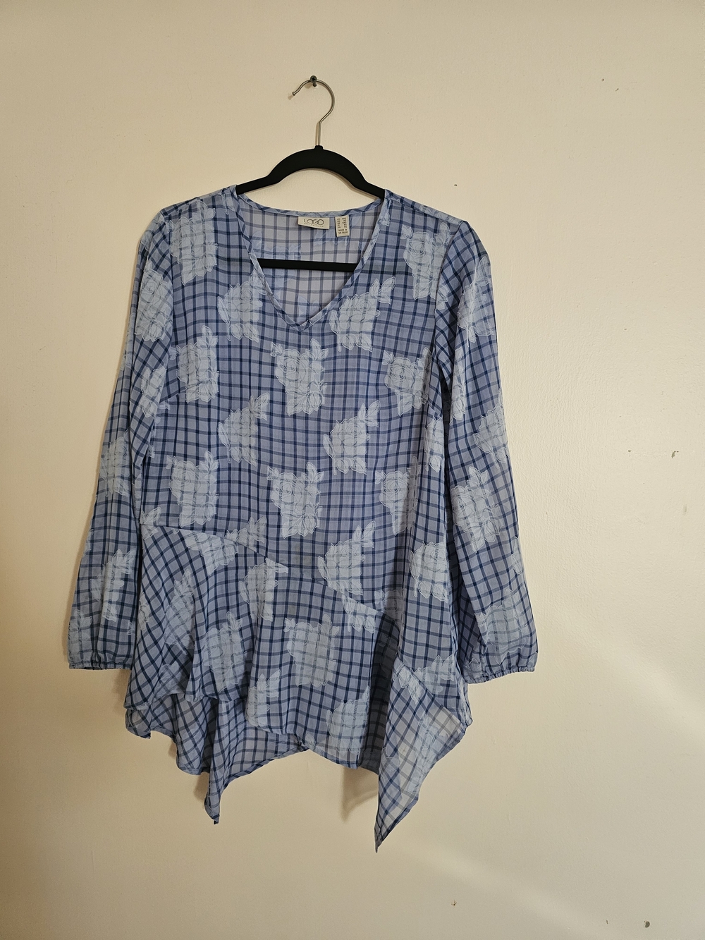 LOGO Lori Goldstein XXS Blue Plaid Handkerchief Hem Top Oversized